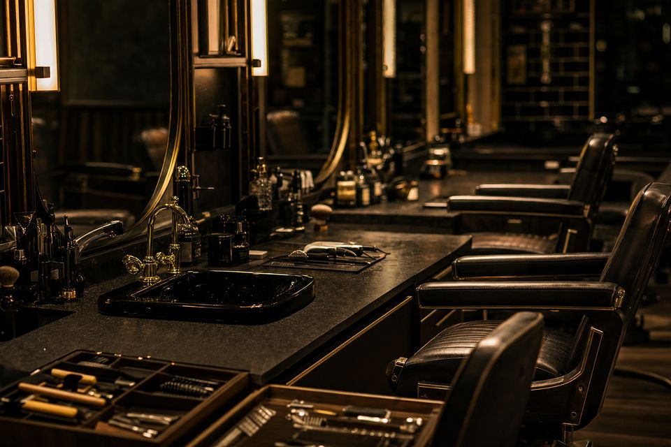 the room seen from a different angle, detail of the working area, chairs and mirrors, no people